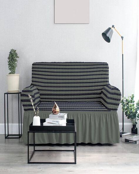 Cortina Eyelet Curtain Striped Three Seater Elastic Stretchable Slip-Cover with Skirt