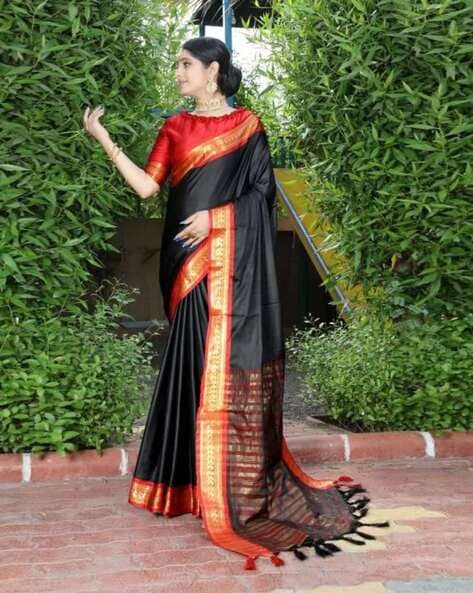 Charcoal Black Saree in Banarasi Silk Contrast Woven with Ka