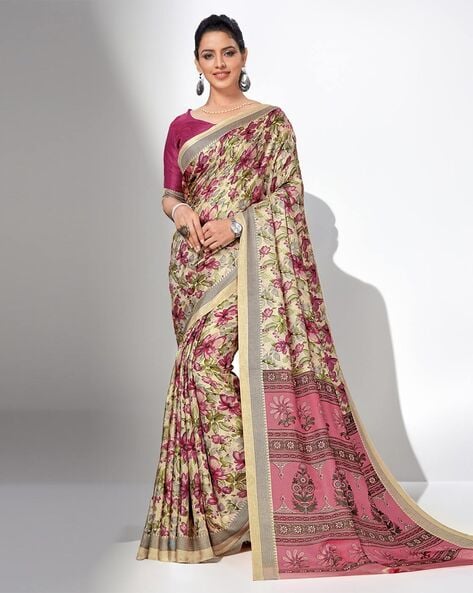 Women's Satin Silk Pink Digital Print Designer Saree With Blouse Piece -  SareeMall | Floral print sarees, Pink saree silk, Saree designs