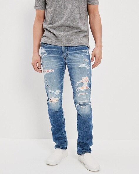 Men Heavy-Wash Distressed Slim Fit Jeans