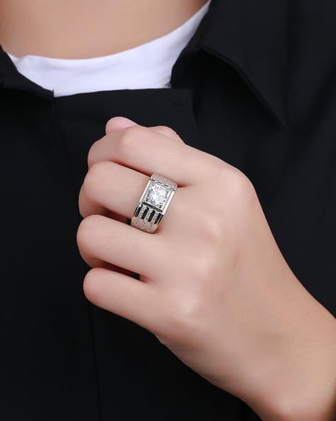 Men Silver-Plated Stone-Studded Band Ring
