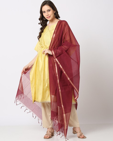 Women Cotton Silk Dupatta with Tassels Price in India