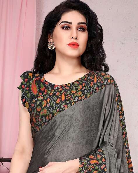 Mirraw Grey Sarees – Buy Grey Saree with Golden, Silver, Black Border Online