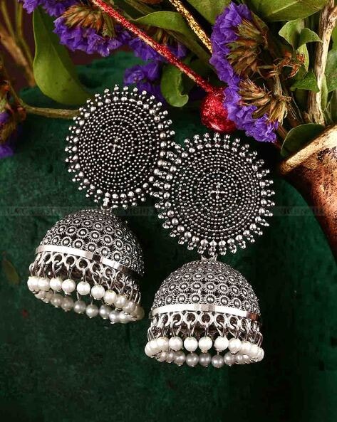 92.5 Oxidised Silver Long Jhumka Earrings For Women And Girls - Silver  Palace