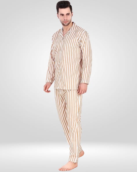 Men Striped Cuban Collar Shirt & Pyjamas Set