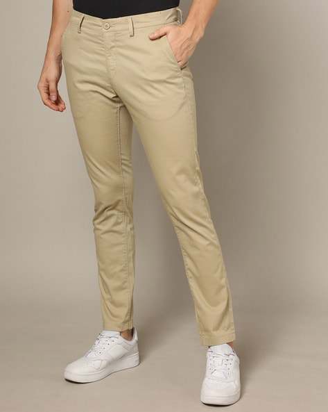 Buy Men Khaki Slim Fit Solid Flat Front Casual Trousers Online - 884219 |  Louis Philippe