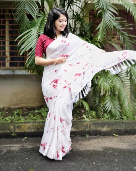 White Floral Saree with Maroon Blouse
