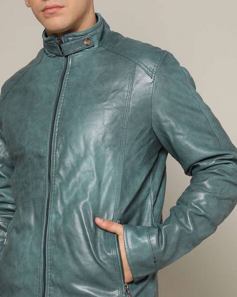 Men's teal leather outlet jacket