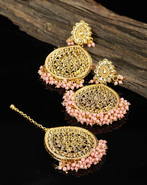 Chandbali Tikka Set, Kundan Chandbali Earrings With Tikka