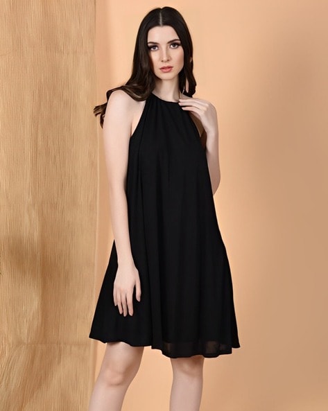 A-line Halterneck Dress - Black - Ladies