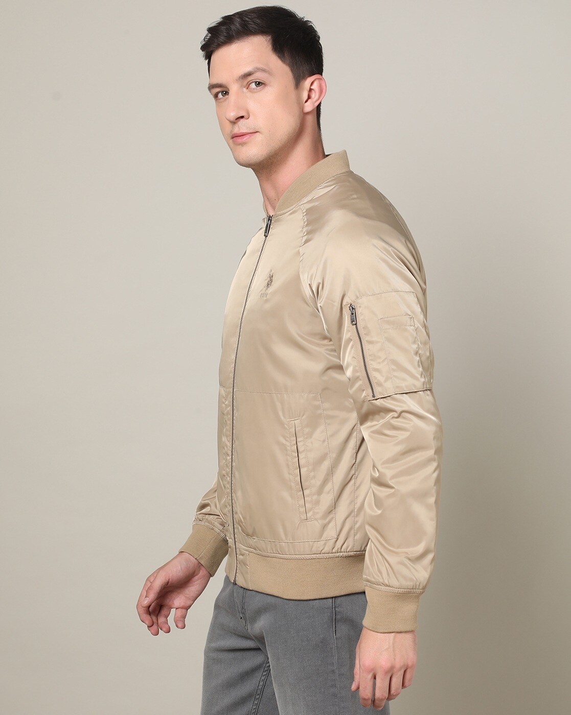 Men's Faux Suede Bomber Jacket in Beige - Barneys Originals