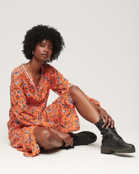 superdry orange dress womens Square Neck Jersey Midi Dress in Denver Orange