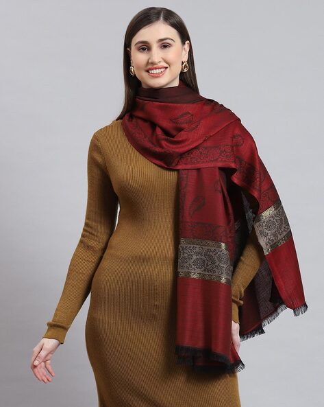 Women Leaf Woven Shawl with Fringes Price in India