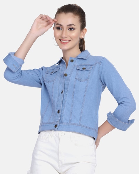 Buy online Women Sea Green Solid Denim Jacket from jackets and blazers and  coats for Women by Showoff for ₹1489 at 60% off | 2024 Limeroad.com