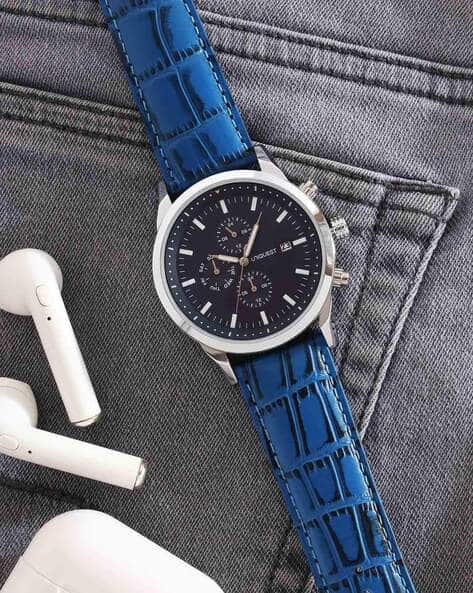 Blue Dial Analogue Fashion Watch with Multi-Dial Function And Leather Strap  For Men