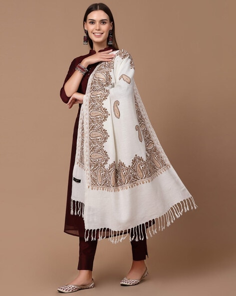 Women Paisley Aari Embroidered Woollen Stole Price in India