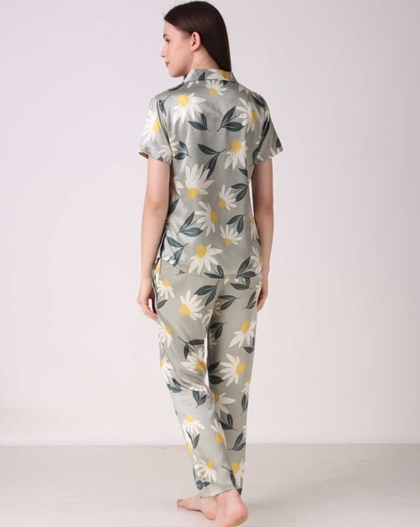 Grey Floral Printed Loungewear Set –