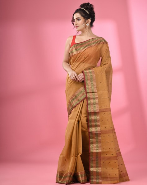 Soft Bengal Handwoven & Kantha Stitch Cotton Saree - Grey & Red – Okhaistore