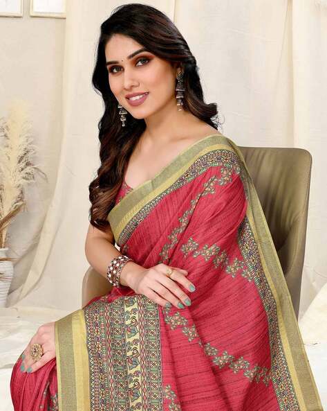 Women's Silk Blend Madhubani Printed Saree with Blouse Piece – Mirchi  Fashion