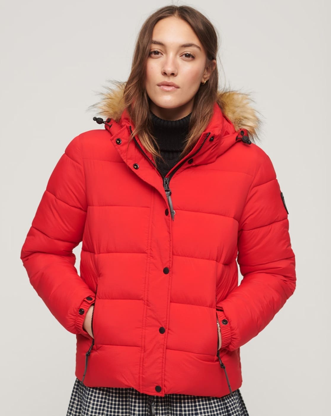 Womens red puffer cheap coat with fur hood