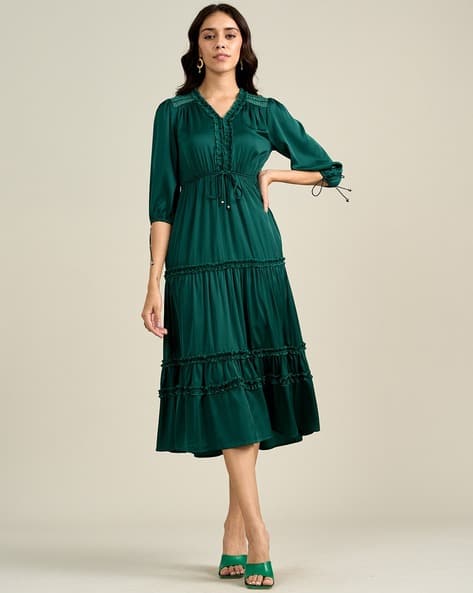 Women A-Line Dress with Waist Tie-Up