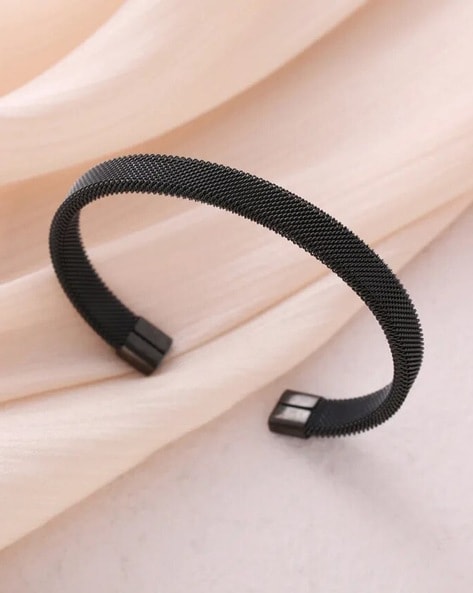 Fancy Men Black Silicone Metal Cuff Bracelet (Pack-1)