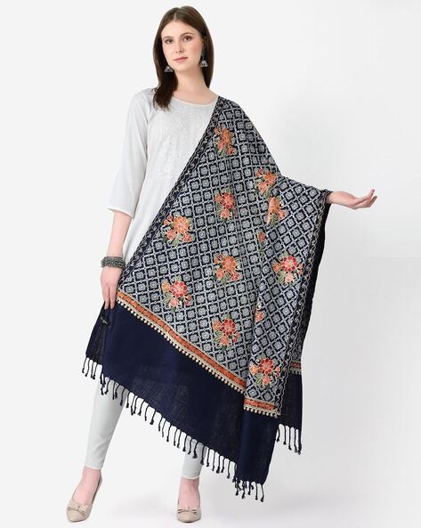 Women Embroidered Shawl with Fringes Price in India