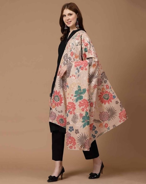 Women Floral Print Shawl with Embroidered Detail Price in India