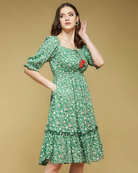 Dark Green Floral Print Dress - Midi Dress - Short Sleeve Dress - Lulus