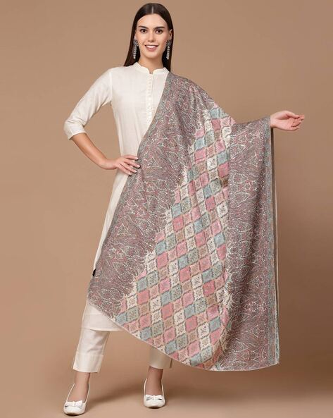 Women Embroidered Shawl with Frayed Hem Price in India