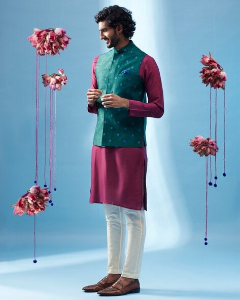 Men's Silk Blend Dark Green Embroidered Kurta & Self Design Nehru jacket  With White Churidar Set