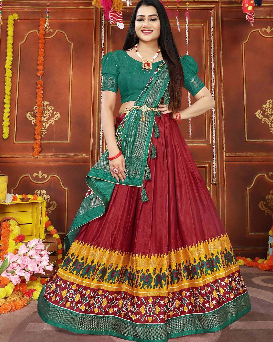 Maroon handloom lehenga with green dupatta - Label Sravani