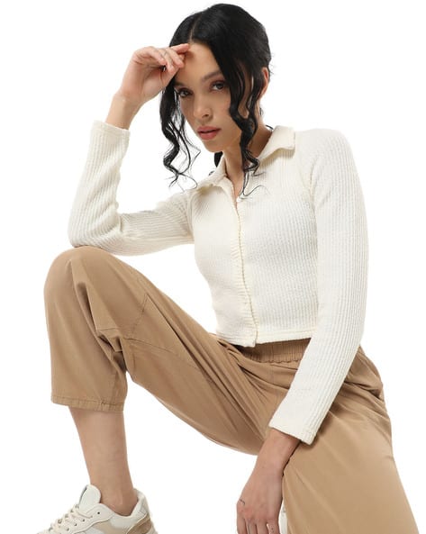 Women Ribbed Button-Down Cropped Cardigan