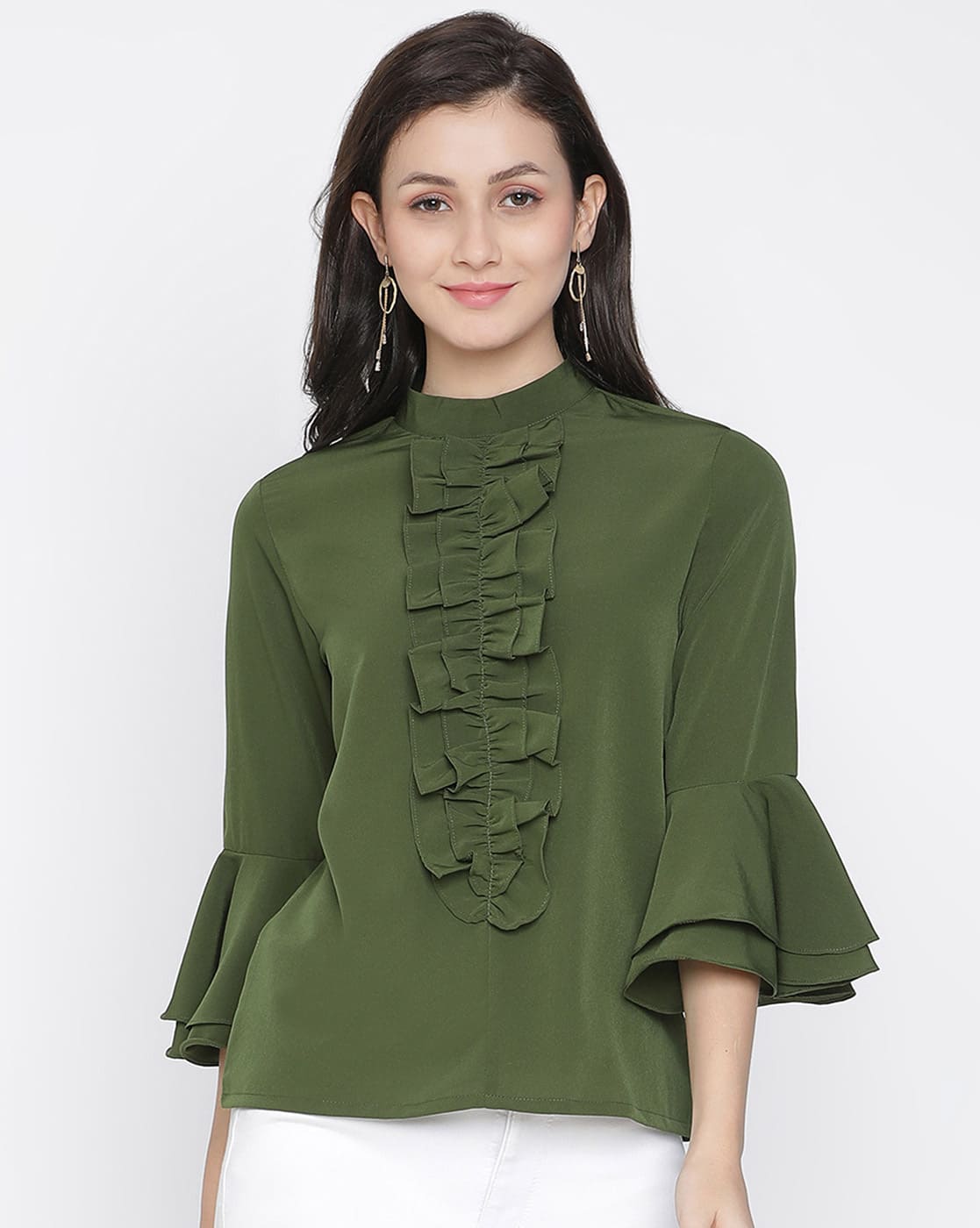 Draax Fashions Women High-Neck Top with Bell Sleeves (Green)