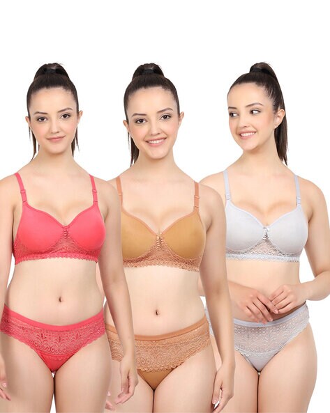 Av Ccreation India Bra Panty Set for Women | Hosiery Bra and Panty with  Beautiful Prints | Women Underwear Innerwear Lingerie Set (Set of 3)