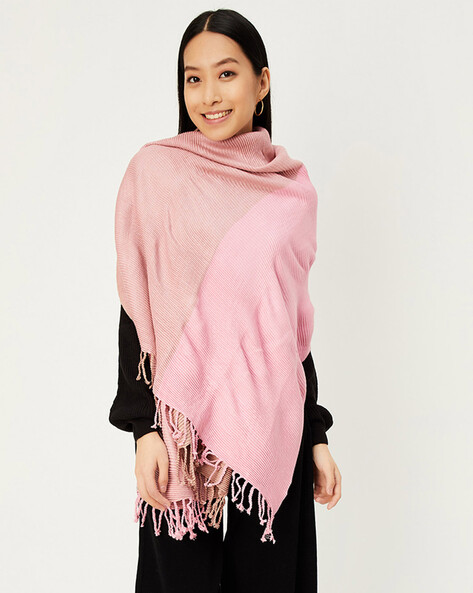 Women Ribbed Shawl with Fringes Price in India