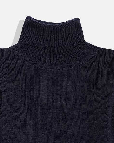 Bruebeck Dark Blue Rib store Knit Fleece Sleeves Pullover Mock Turtleneck Sweater