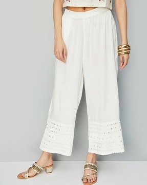 Buy Off White Embroidered Pants Online - W for Woman