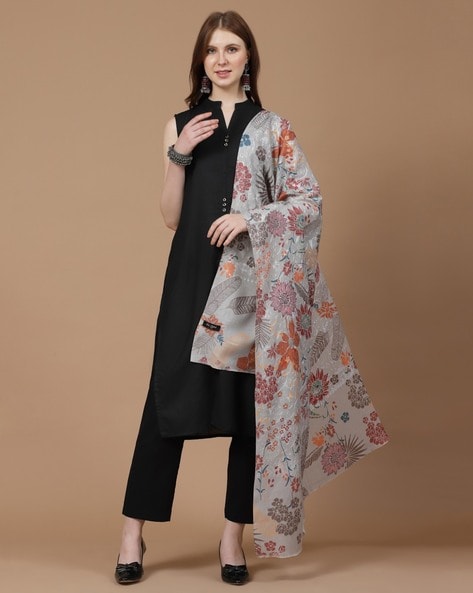 Women Floral Print Shawl with Embroidered Detail Price in India