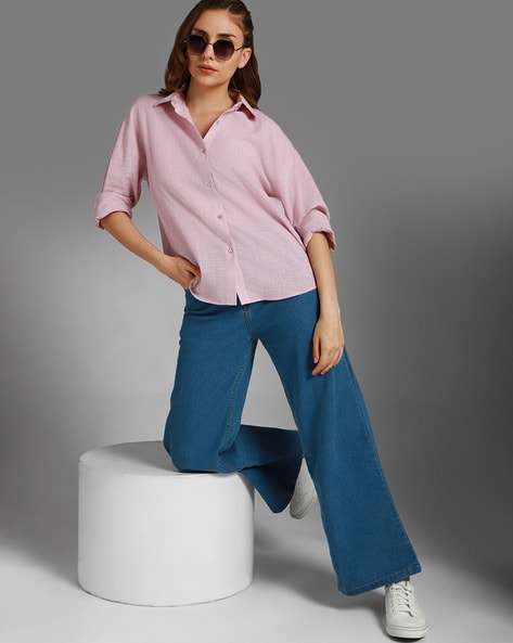 Women Boxy Fit Shirt with Spread Collar