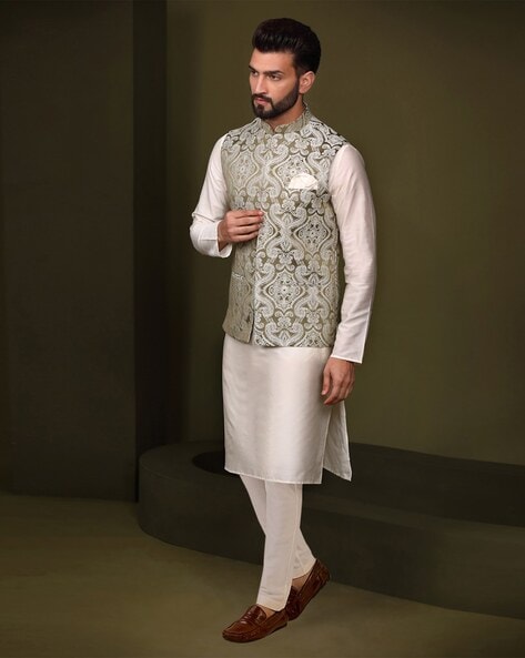 Blue pure-silk jacket kurta set features pale blue full-sleeve kurta & pants,  contrast intricate floral printed jacket