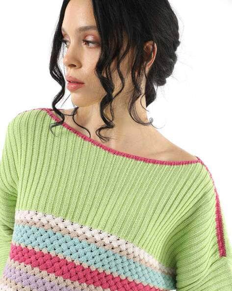 Womens Sweaters Green Striped Knit Sweater Women's Oversized