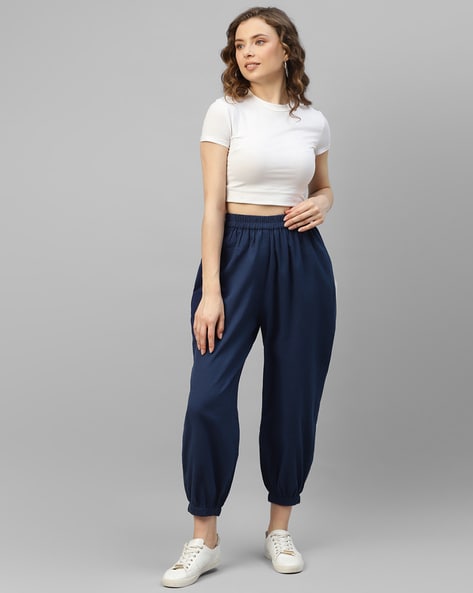 Buy HIGH-WAIST NAVY-BLUE LOOSE FIT TROUSERS for Women Online in India