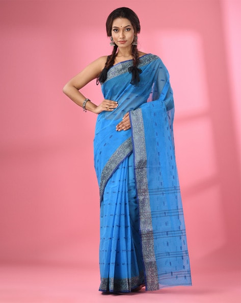 Buy Bottle Green Handwoven Bengali Tant Cotton Saree (Without Blouse) Zari  Border 17112 | www.maanacreation.com