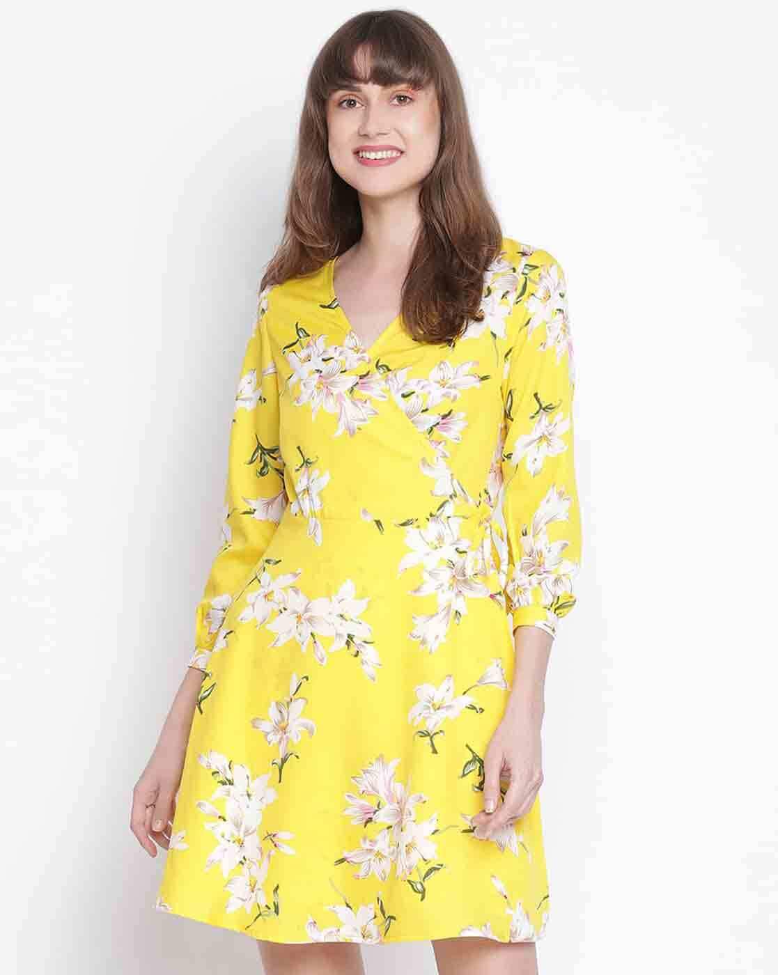Draax Fashions Women Regular Fit Floral Print A-Line Dress with Collar Neck (Yellow)