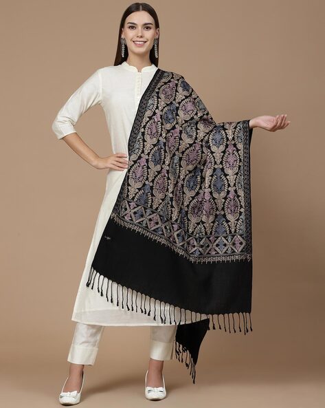Women Floral Aari Embroidered Woollen Stole Price in India