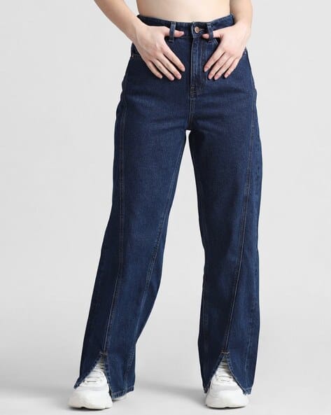 Women Heavily Washed High-Rise Wide Jeans with Slits