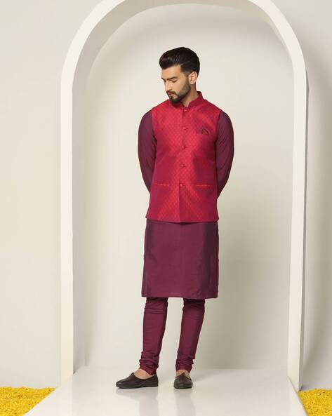 Elegant Red Kurta & Churidar Set with Embroidered Nehru Jacket