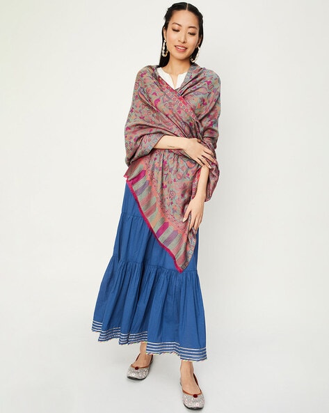 Women Floral Woven Reversible Shawl Price in India