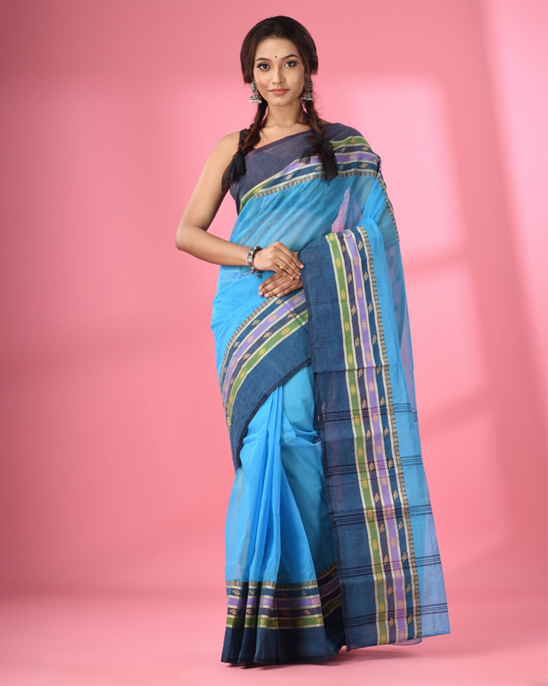 Buy SajaSajo Sky Blue Handwoven Pure Linen Saree with Unstitched Blouse  online